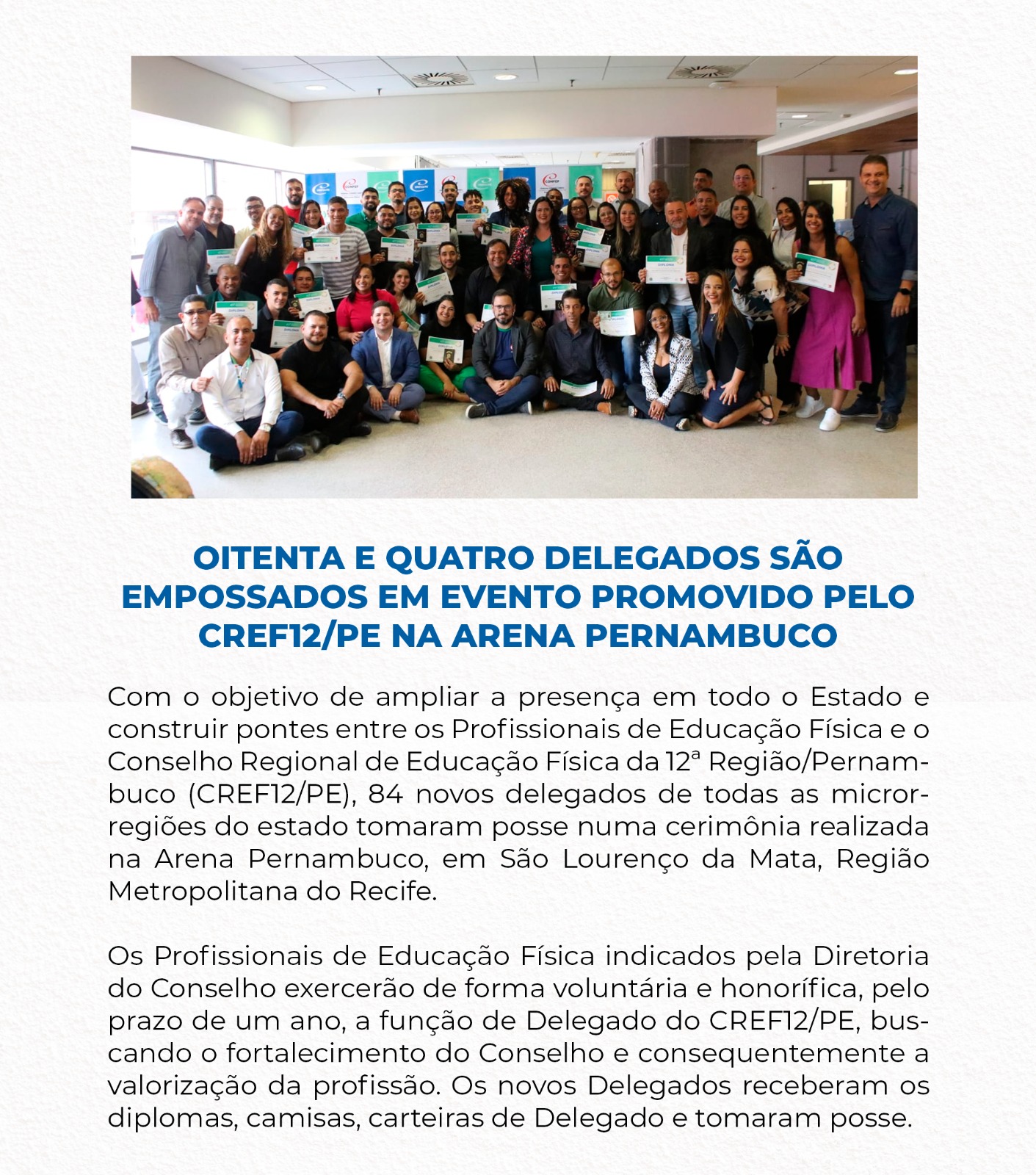 Oitenta e quatro delegados são empossados em evento promovido pelo CREF12/PE na Arena Pernambuco